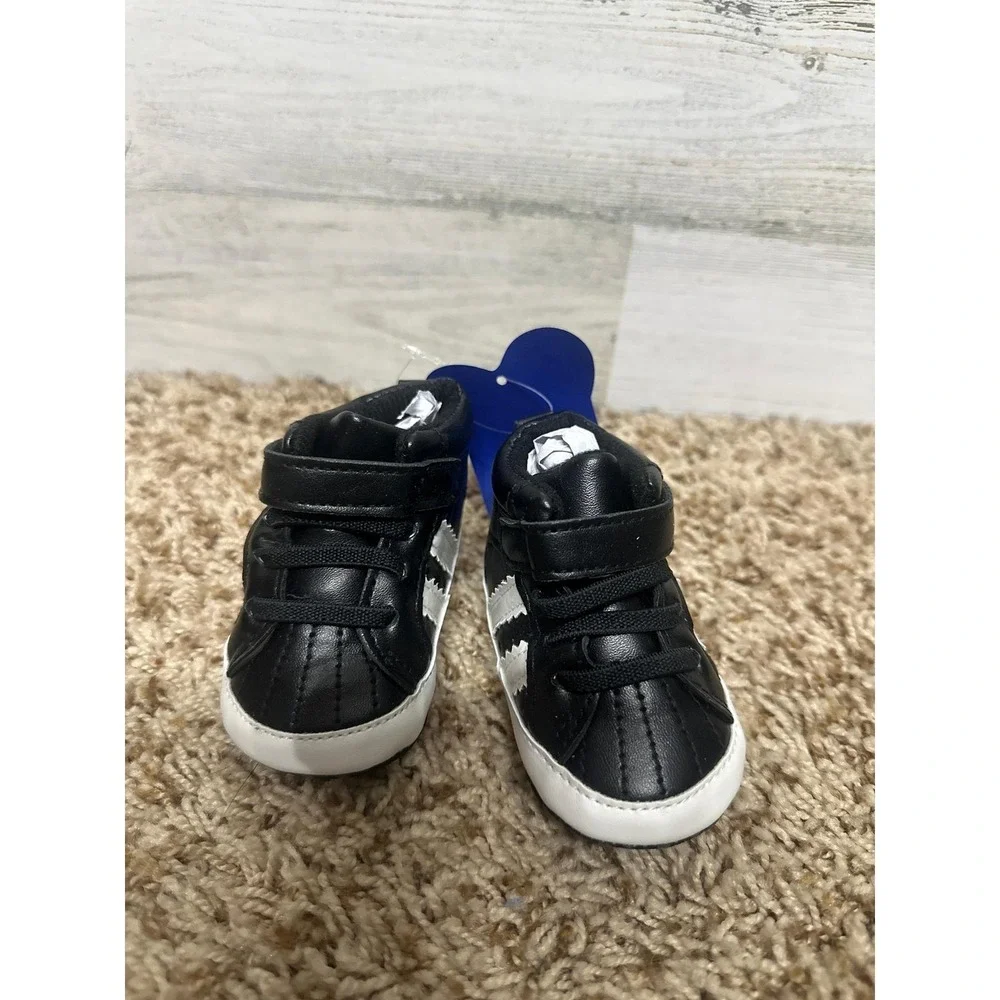 High Top Sneakers Baby Boy 6-12M Black White Striped Crib Shoes NWT